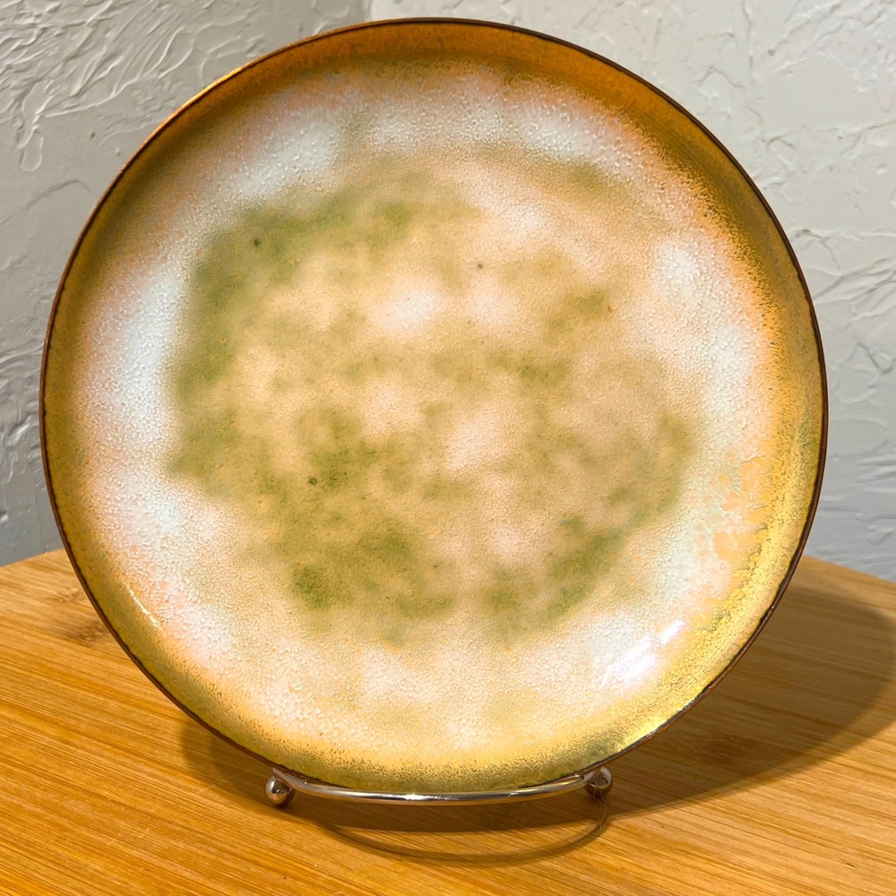 Leon Statham 8” copper and enamel shallow bowl/plate — gorgeous earth tones